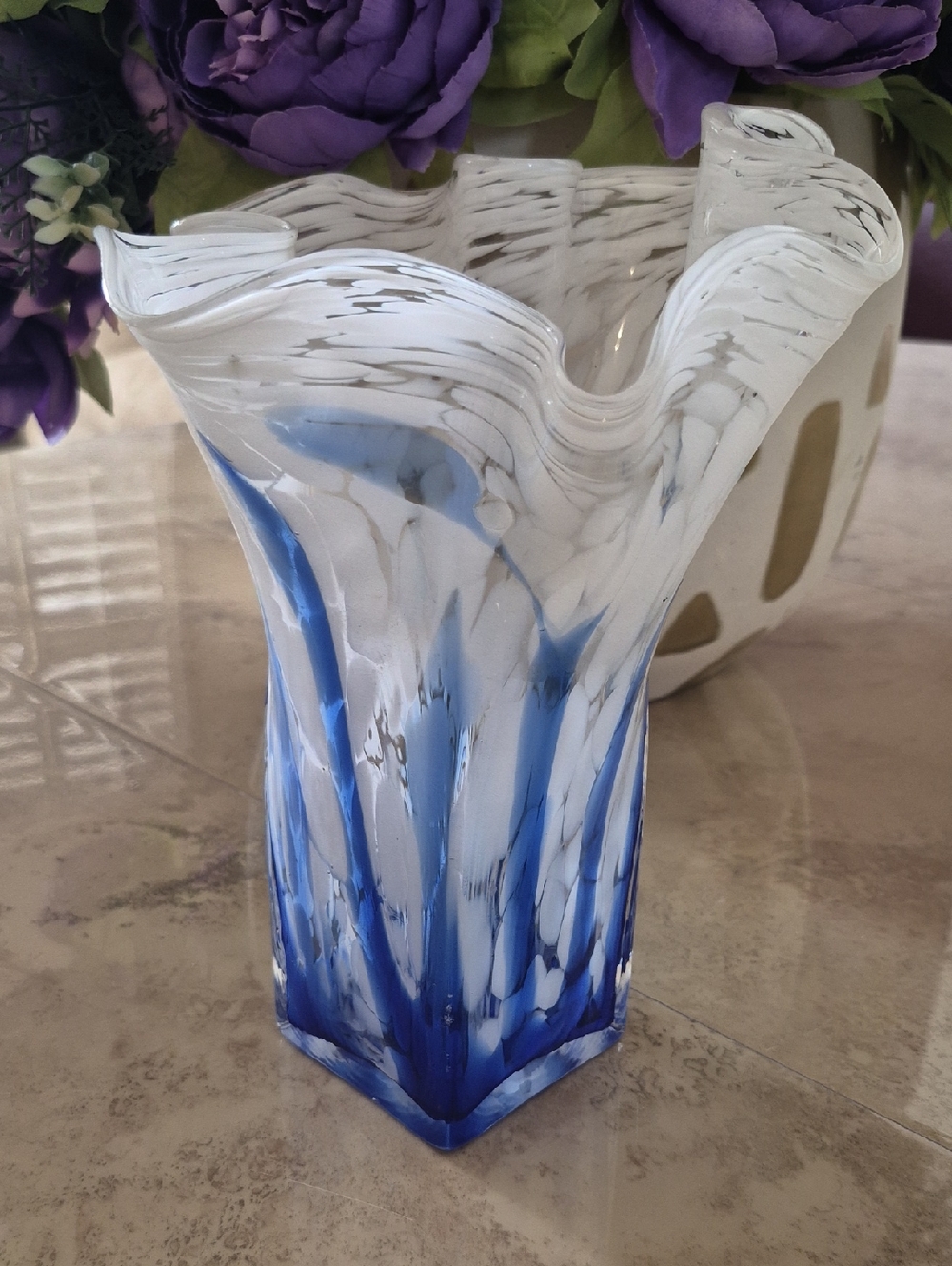 Neiman Marcus White and Blue Swirled Art Glass Vase